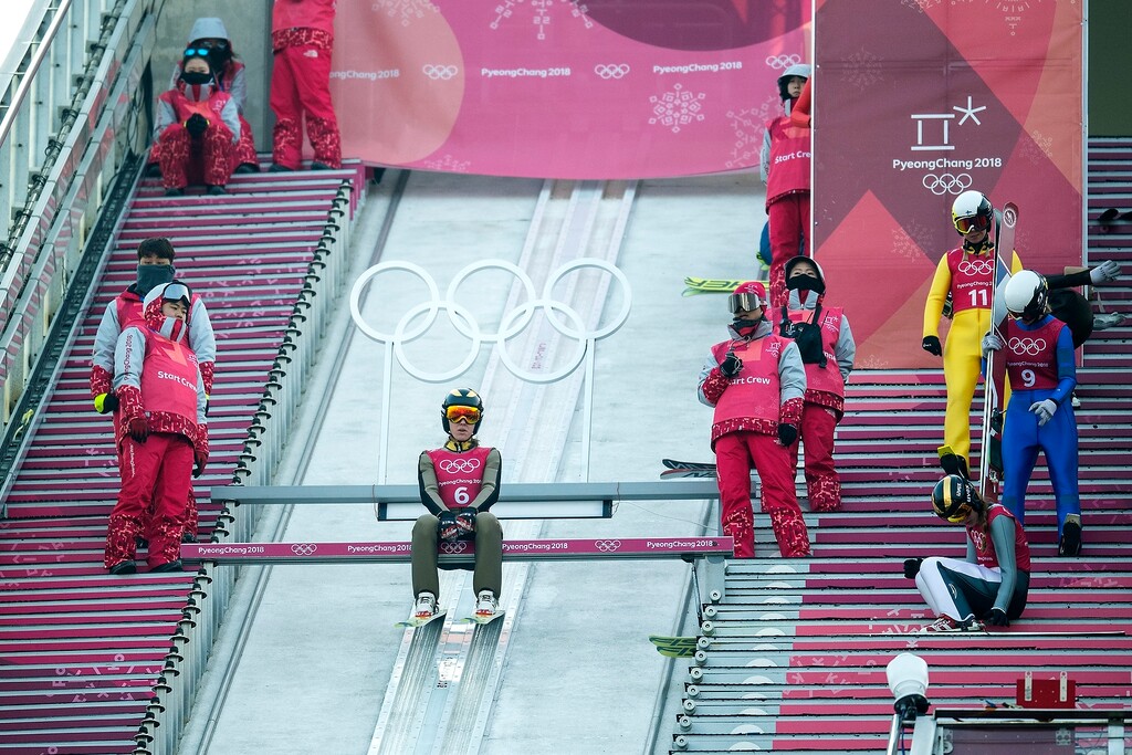 (Chris Detrick  |  The Salt Lake Tribune)   USA's Abby Ringquist competes in the Ladies' Normal Hill Training Jump at the Alpensia Ski Jumping during the Pyeongchang 2018 Winter Olympics Saturday, February 10, 2018. 