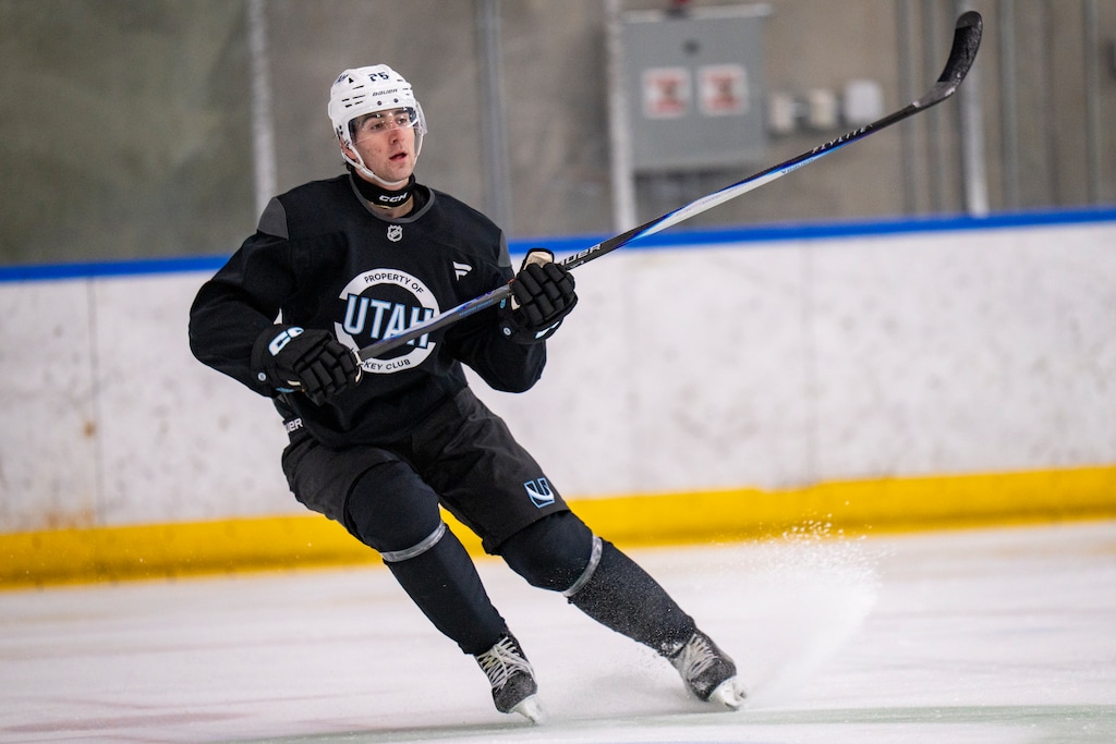 (Rick Egan | The Salt Lake Tribune) Dmitri Simashev (26) runs a drill during Utah Mammoth development camp in Park City, on Tuesday, July 1, 2025.
 