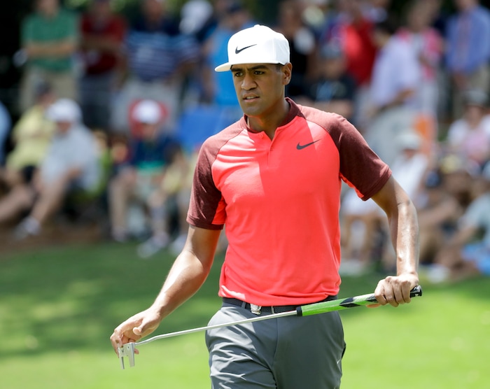 Tony Finau walks to the on the second hole during the third round of the PGA Championship golf tournament at the Quail Hollow Club Saturday, Aug. 12, 2017, in Charlotte, N.C. (AP Photo/Chris O'Meara)