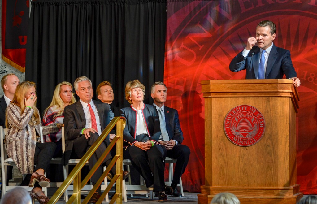 (Leah Hogsten | Tribune file photo) Peter R. Huntsman and family members wipe away tears as Huntsman pauses while talking about how mental health affects everyone on Monday, Nov. 4, 2019. The Jon M. Huntsman family gave a $150 million to establish the Huntsman Mental Health Institute to bolster the existing University Neuropsychiatric Institute and psychiatry department.