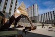 (Francisco Kjolseth | The Salt Lake Tribune) "The Lantern” sculpture, the focal point of the courtyard at the University of Utah's new luxury residence hall, called Trailhead. The piece features lighting and heat lamps for the winter.