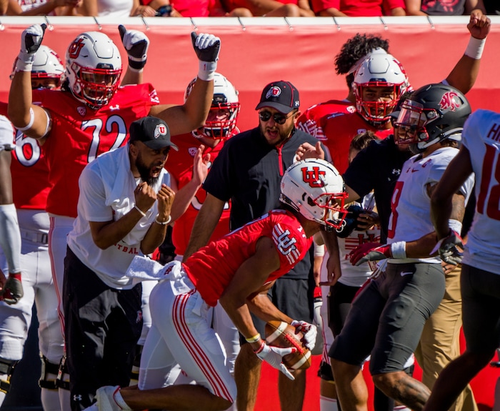 (Trent Nelson  |  The Salt Lake Tribune) Utah Utes wide receiver Devaughn Vele (17) makes a reception as the University of Utah hosts Washington State, NCAA football in Salt Lake City on Saturday, Sept. 25, 2021.