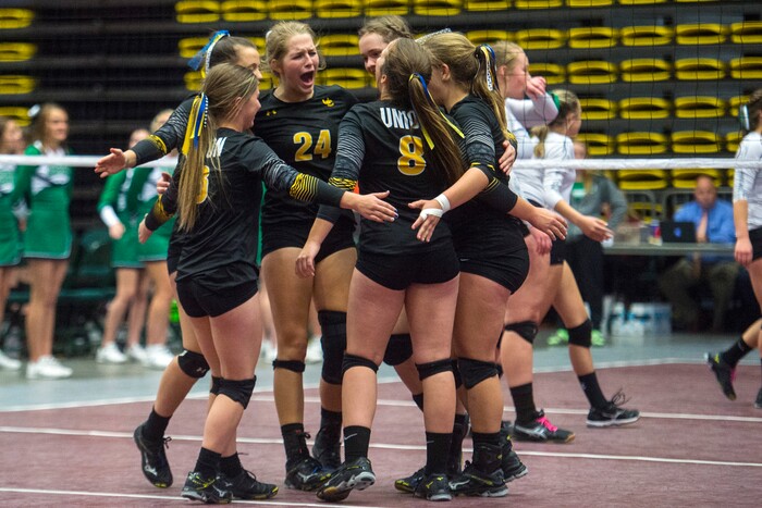 (Chris Detrick  |  The Salt Lake Tribune)  Union's Ellison Weaver (24) Union's Delci Lamb (3)  Union's Mesa Nielsen (2) Union's Ally Rook (8) and Union's Aislynn Weaver (4) clebrate after defeated South Summit during the 3A volleyball state quarterfinals at the UCCU Center at Utah Valley University Wednesday, October 25, 2017.  