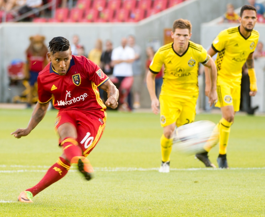 Rick Egan  |  The Salt Lake TribuneReal Salt Lake forward Joao Plata (10) scores a goal on a penalty kick, in MLS action, Real Salt Lake vs. Columbus Crew, Saturday, July 29, 2017.