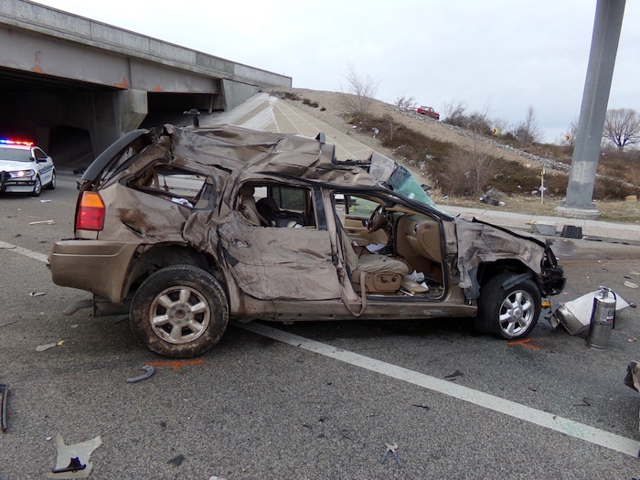 (Photo courtesy of the Utah Department of Public Safety) A driver was killed Sunday when his pickup went off Interstate 215, jumped an off-ramp and struck a vehicle that was traveling on 3500 South in West Valley City.