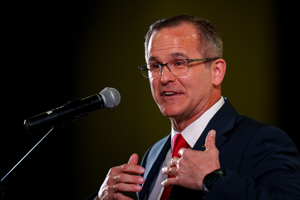 (Trent Nelson | The Salt Lake Tribune) Congressional candidate Colby Jenkins at the Utah Republican Nominating Convention in Salt Lake City on Saturday, April 27, 2024. Jenkins is suing Washington County's top elections official to get access to uncured votes.