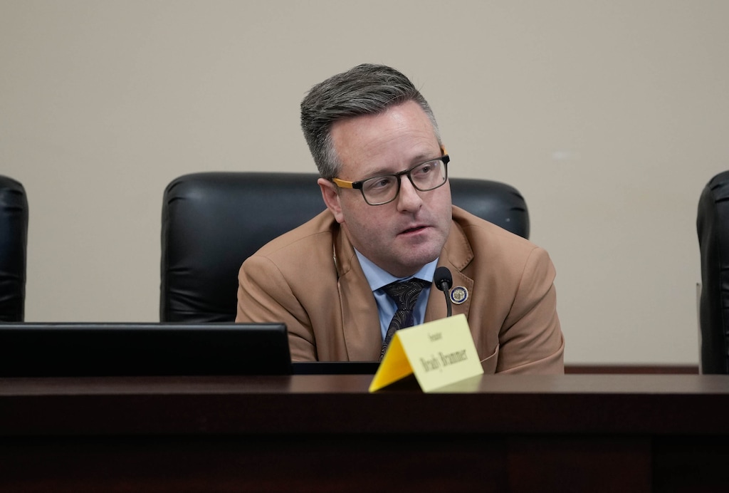 (Francisco Kjolseth | The Salt Lake Tribune) Sen. Brady Brammer, R-Pleasant Grove, asks questions during the Senate Revenue and Taxation Committee hearing discussing HB267, a bill aimed at banning collective bargaining for public labor unions in Utah, in Salt Lake City on Wednesday, Jan 29, 2025. Brammer voted to advance the bill.