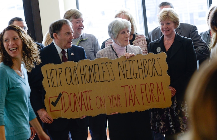 (Francisco Kjolseth | The Salt Lake Tribune) With the arrival of tax season, champion for the homeless Pamela Atkinson and Gov. Gary Herbert, gather at the YWCA Center for Women & Families in Salt Lake on Tuesday, March 20, 2018, to encourage people to donate to the Pamela Atkinson Homeless Trust Fund on their tax forms. All donations to the trust fund go directly to organizations statewide that help people experiencing homelessness.