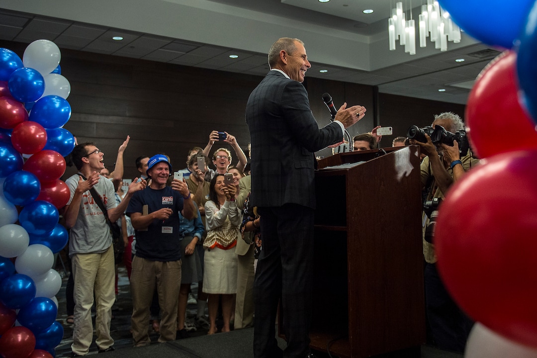 (Chris Detrick  |  The Salt Lake Tribune)  Provo Mayor John Curtis celebrates speaks his election night party at the Provo Marriott Hotel & Conference Center Tuesday, August 15, 2017. 