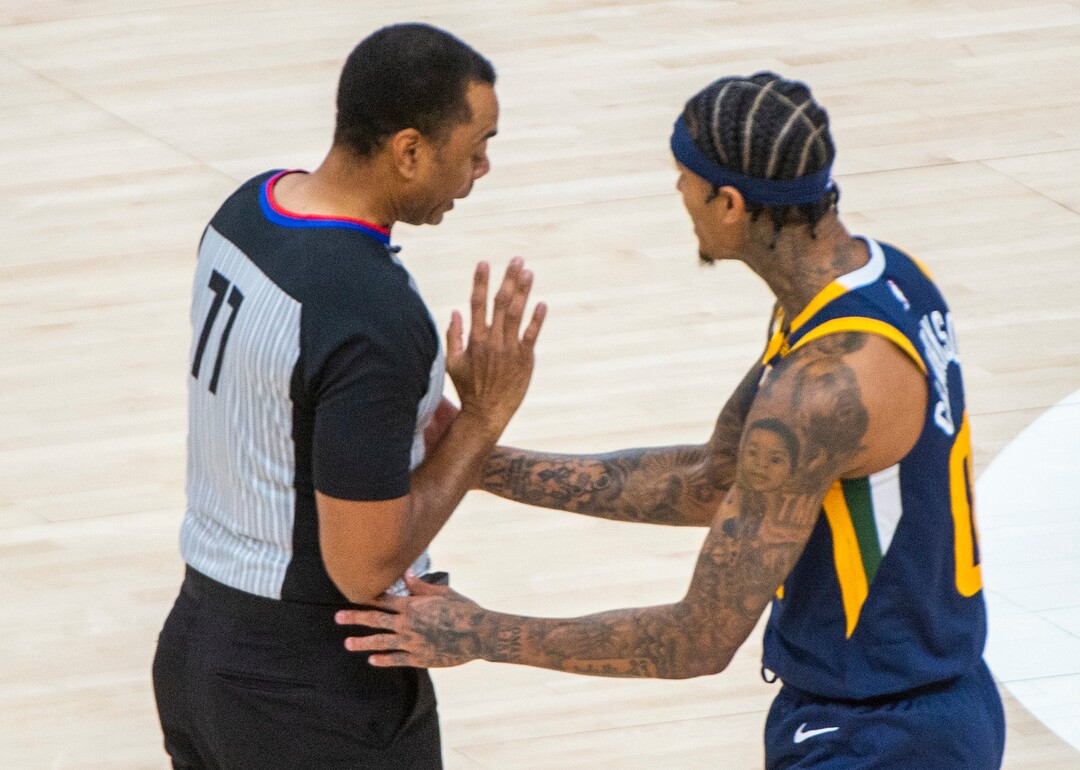 (Rick Egan | The Salt Lake Tribune) Referee Karl Lane (77) calls a technical foul on Utah Jazz guard Jordan Clarkson (00), in NBA action between the Utah Jazz and the Phoenix Suns, on Thursday, Dec. 31, 2020.