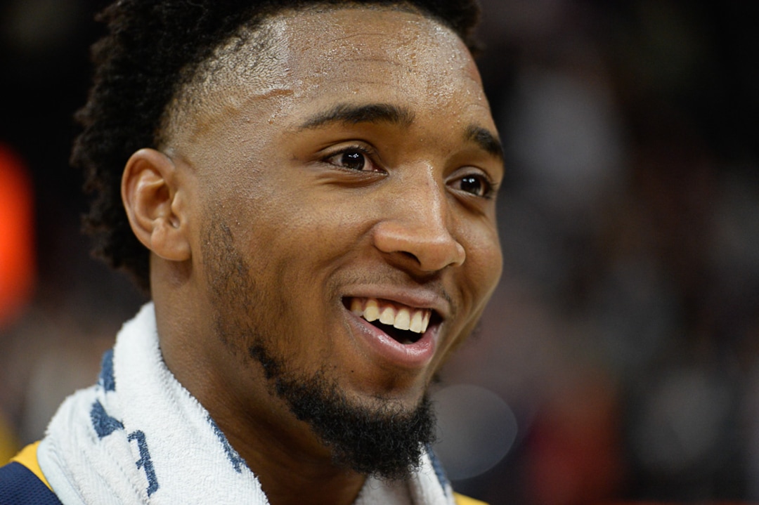 (Francisco Kjolseth  |  The Salt Lake Tribune)  Utah Jazz guard Donovan Mitchell (45) is all smiles following their 128-120 win as the Utah Jazz host the New Orleans Pelicans in their NBA basketball game at Vivint Smart Home Arena in Salt Lake City on Sat. Nov. 23, 2019.