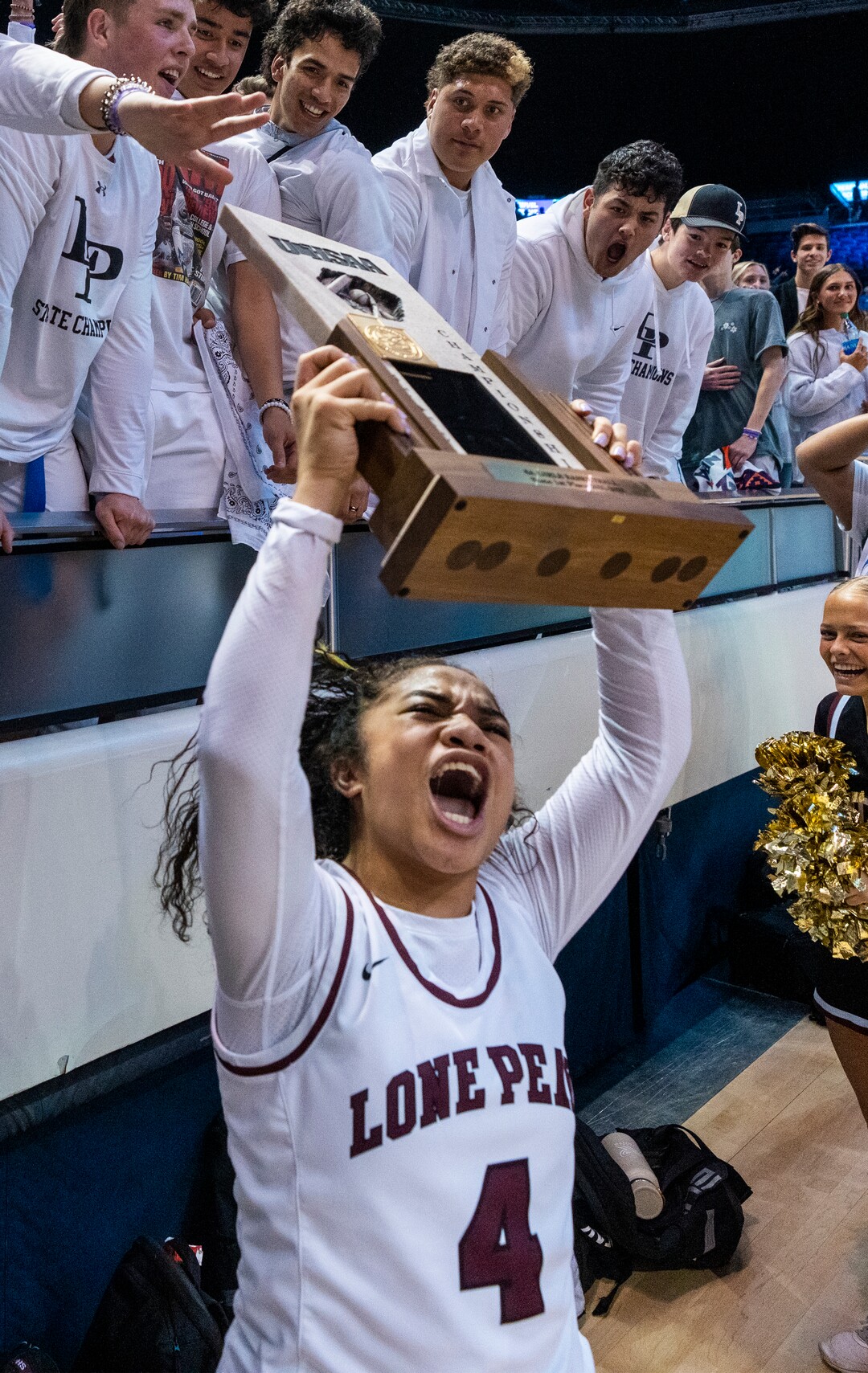 (Rick Egan | The Salt Lake Tribune) Lone Peak guard, Makeili Ika (4), celebrates their 67-65 double-overtime win over Fremont, in the 6A State Championship game, at the Marriott Center in Provo, on Saturday, March 5, 2022.  Ika hit the winning shot with .5 seconds left on the clock. 