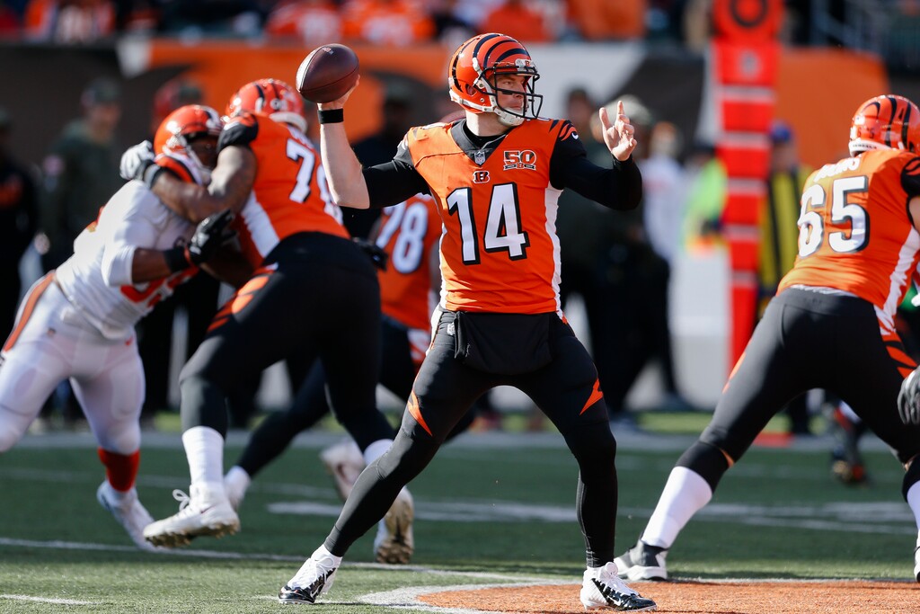 Cincinnati Bengals quarterback Andy Dalton passes in the first half of an NFL football game against the Cleveland Browns, Sunday, Nov. 26, 2017, in Cincinnati. (AP Photo/Gary Landers)