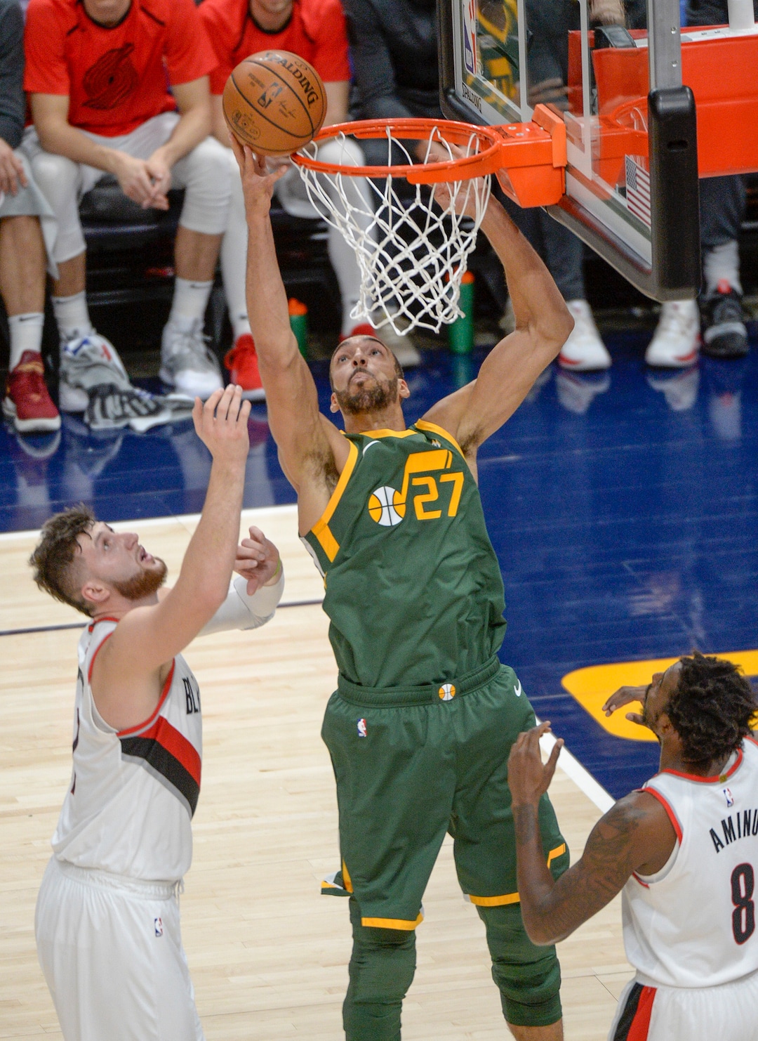 Leah Hogsten  |  The Salt Lake Tribune  Utah Jazz center Rudy Gobert (27) is called for illegal offense as the Utah Jazz host the Portland Trail Blazers Christmas night at Vivint Smart Home Arena.