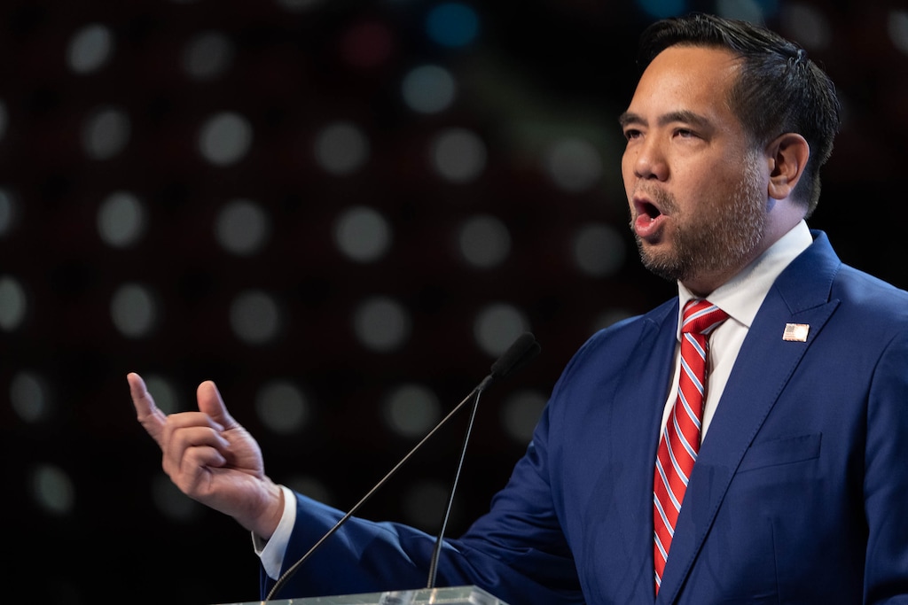 (Francisco Kjolseth | The Salt Lake Tribune) Utah Attorney General Sean Reyes speaks with delegates attending the Utah Republican Party’s 2021 Organizing Convention at the Maverik Center in West Valley City on Saturday, May 1, 2021, as they return to an in-person format after the pandemic forced the nominating convention to go online last year.
