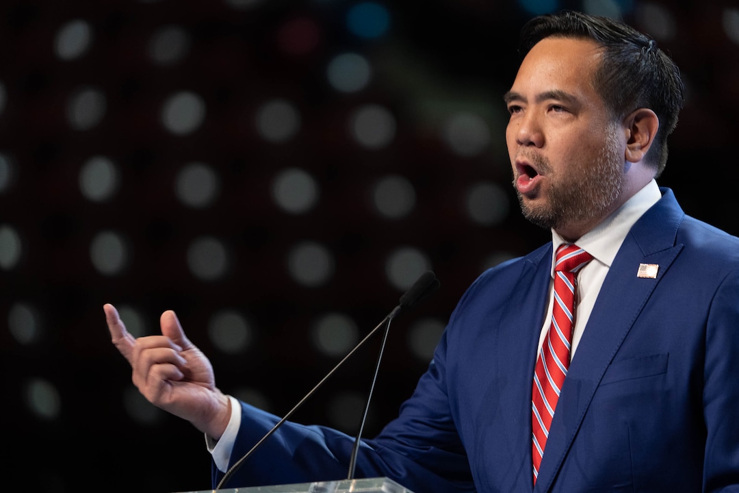 (Francisco Kjolseth | The Salt Lake Tribune) Utah Attorney General Sean Reyes speaks with delegates attending the Utah Republican Party’s 2021 Organizing Convention at the Maverik Center in West Valley City on Saturday, May 1, 2021, as they return to an in-person format after the pandemic forced the nominating convention to go online last year.