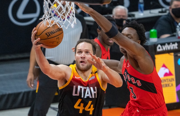 (Rick Egan | The Salt Lake Tribune) Utah Jazz forward Bojan Bogdanovic (44) takes the ball to the hoop, as Toronto Raptors forward OG Anunoby (3) defends, in NBA action between the Utah Jazz and the Toronto Raptors at Vivint Arena, on Saturday, May 1, 2021.
