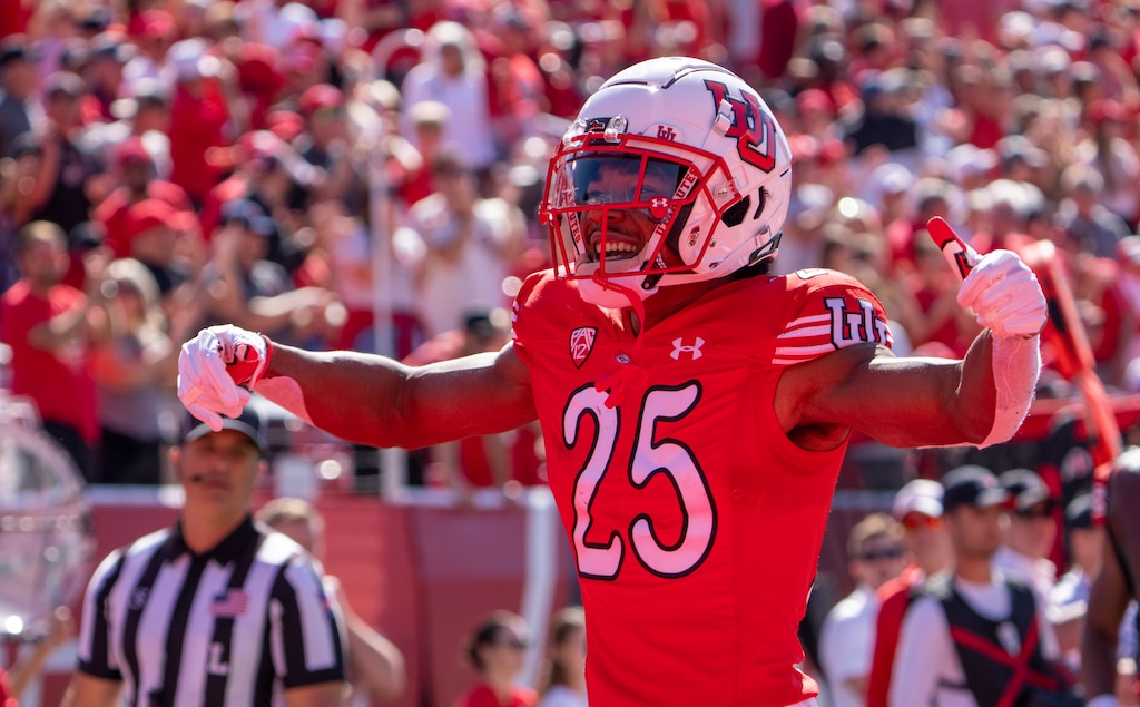 (Rick Egan | The Salt Lake Tribune)  Utah wide receiver Jaylen Dixon (25) celebrates after scoring a Ute touchdown, PAC 12 football action  between the Utah Utes and the Oregon State Beavers, at Rice-Eccles Stadium in Salt Lake City, on Saturday, Oct. 1, 2022.
