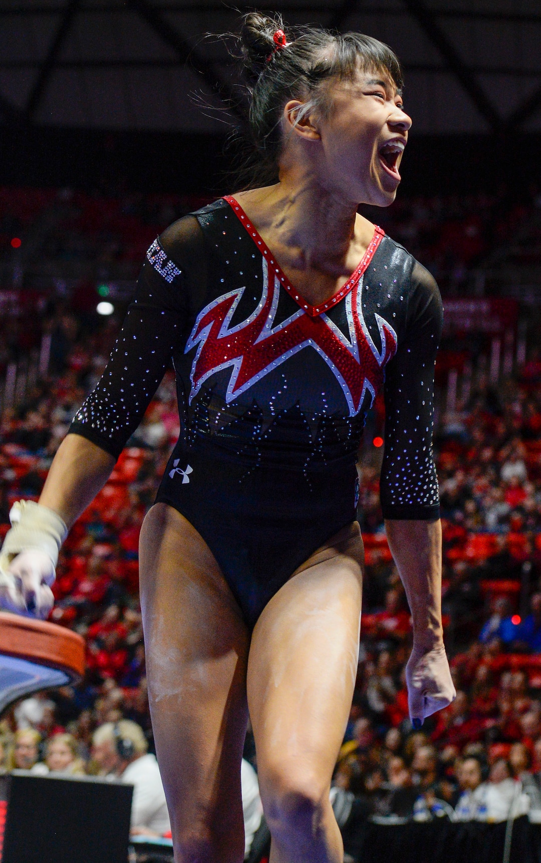 (Leah Hogsten  |  The Salt Lake Tribune) Kim Tessen reacts to her 9.90 vault as the University of Utah fifth-ranked gymnastics team hosts No. 12 University of Kentucky during its home opener, Jan. 3, 2020, at the Huntsman Center.
