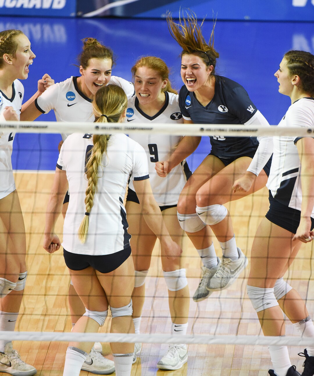 (Francisco Kjolseth  |  The Salt Lake Tribune)  BYU celebrates a point against Florida in their NCAA Tournament Round of 16 match at Smith Fieldhouse, Friday, Dec. 7, 2018.