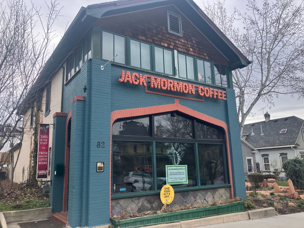 (Sean Means | The Salt Lake Tribune) Jack Mormon Coffee, in the Avenues, on Monday, March 11, 2024. A sign in the window notes that the coffee shop's closure is temporary.
