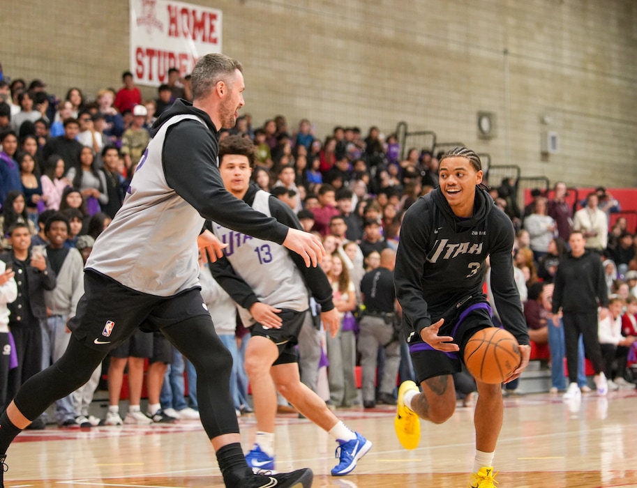 (Chris Samuels | The Salt Lake Tribune) Guard Keyonte George (3) handles the ball as the Utah Jazz play an intrasquad scrimmage at East High School in Salt Lake City, Monday, Oct. 6, 2025.