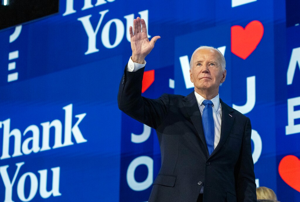 (Jacquelyn Martin | AP) President Joe Biden waves after his speech at the Democratic National Convention, Monday, Aug. 19, 2024, in Chicago.