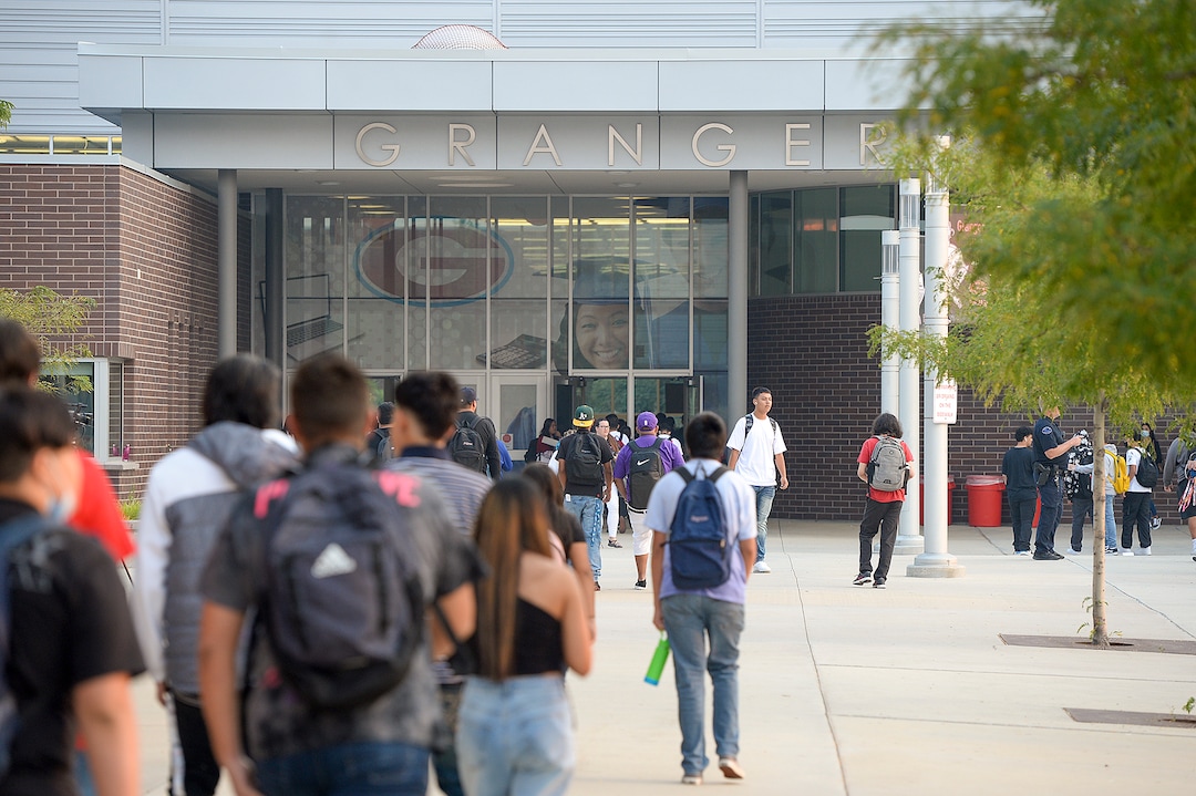 (Chris Samuels | The Salt Lake Tribune) Students begin the first day of school at Granger High School in West Valley City, Monday, Aug. 16, 2021.