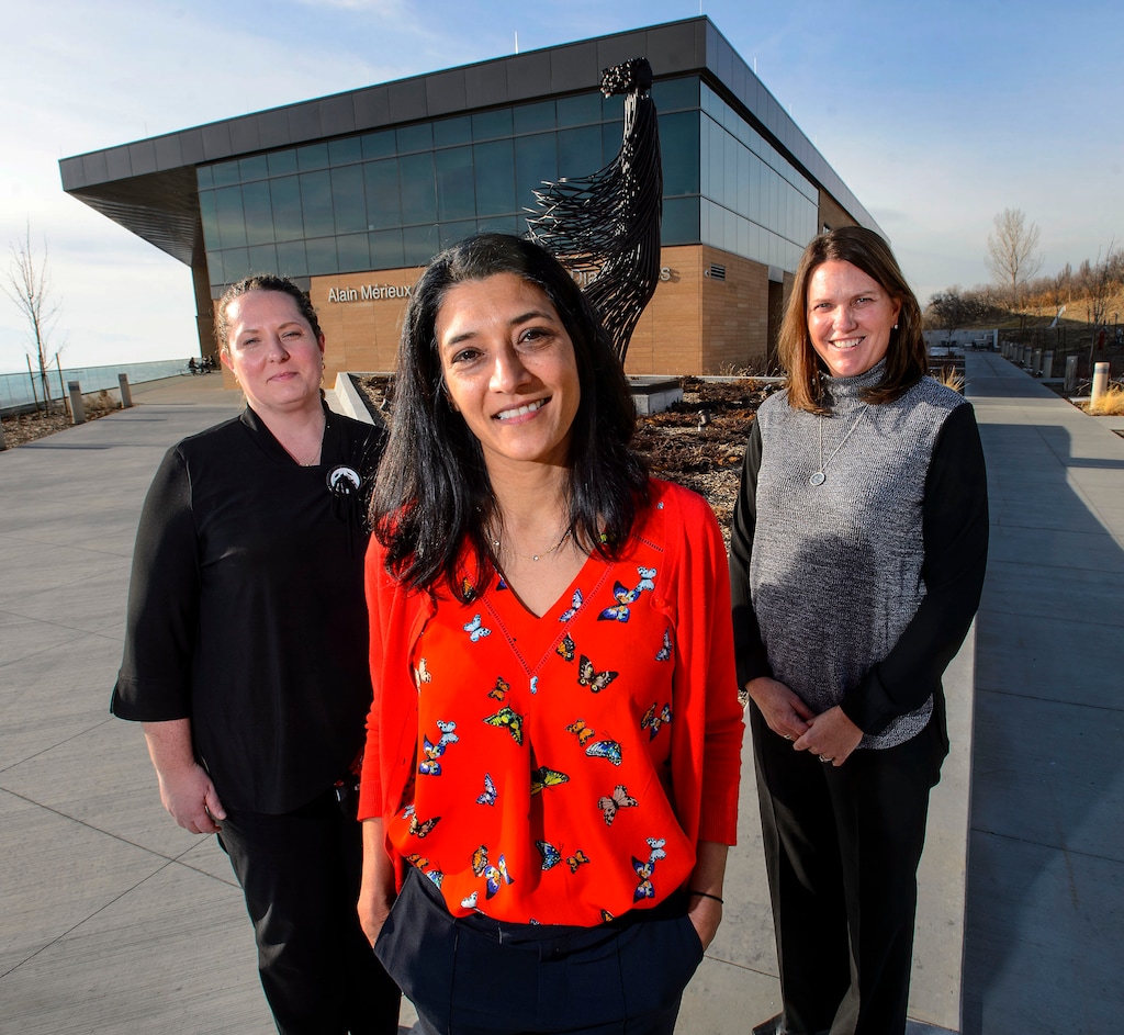 (Steve Griffin  |  The Salt Lake Tribune) BioFire's Kristen Kanack, vice president of regulatory and clinical affairs, left, Deepika de Silva, chief scientific officer, center, and Rachel Jones, chief commercial officer, outside the company's office in Research Park in Salt Lake City.