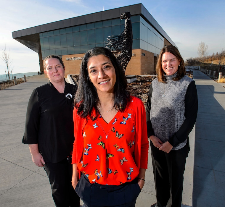 (Steve Griffin  |  The Salt Lake Tribune) BioFire's Kristen Kanack, vice president of regulatory and clinical affairs, left, Deepika de Silva, chief scientific officer, center, and Rachel Jones, chief commercial officer, outside the company's office in Research Park in Salt Lake City.