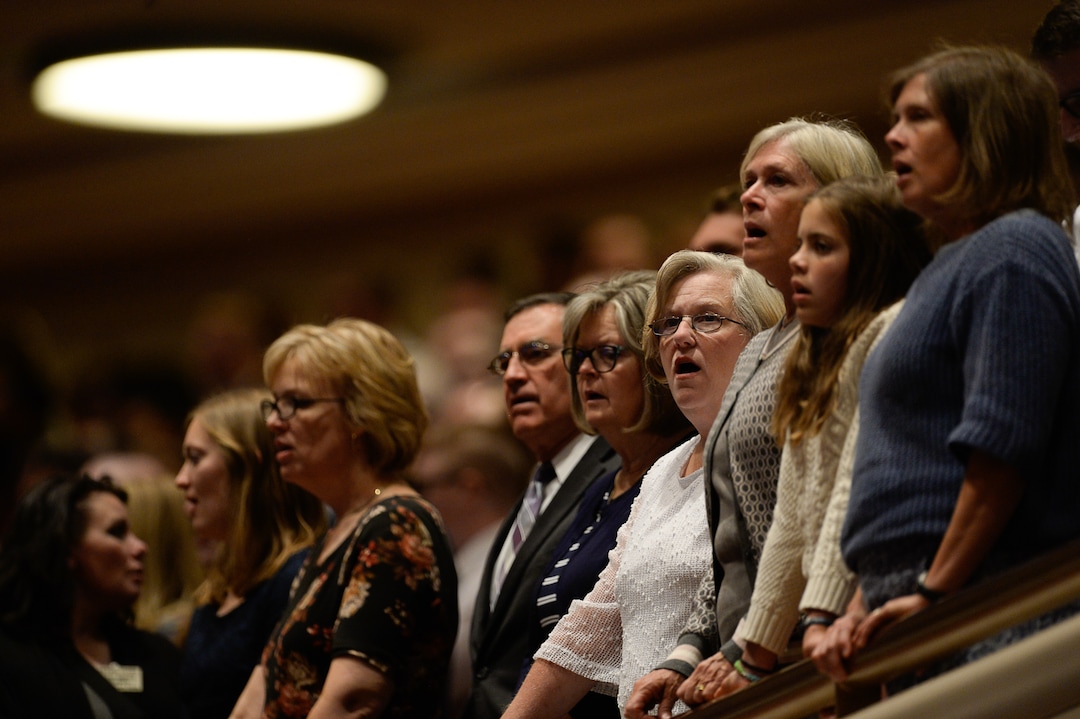 (Francisco Kjolseth  |  The Salt Lake Tribune)  The faithful join the Tabernacle Choir at Temple Square in song during the Sunday morning session of the 189th twice-annual General Conference of The Church of Jesus Christ of Latter-day Saints at the Conference Center in Salt Lake City on Sunday, Oct. 6, 2019.