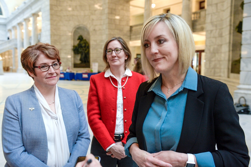 (Leah Hogsten | The Salt Lake Tribune) l-r Republican candidates for Utah offices, Kaysville mayor Katie Whitt, running for Utah's 1st Congressional District, Lisa Bagley, candidate for House district 36 and Aimee Winder Newton, candidate for governor discuss their goals. The Utah Federation of Republican Women pitched their 2020 themeÑThe Year of the WomanÑduring their annual Legislative Day at the Capitol on Monday. Members planned to meet with elected leaders and attend sessions in the House and Senate, Feb. 24, 2020.