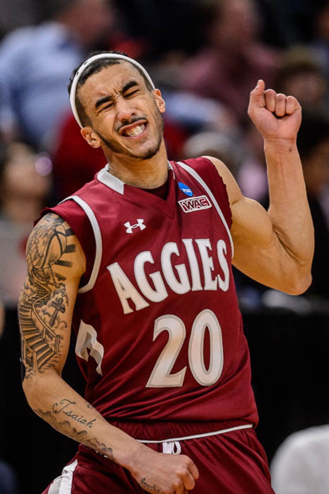 (Trent Nelson | The Salt Lake Tribune)  New Mexico State Aggies guard Trevelin Queen (20) as Auburn faces New Mexico State in the 2019 NCAA Tournament in Salt Lake City on Thursday March 21, 2019.