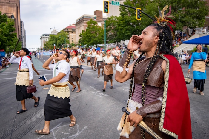 (Rick Egan | The Salt Lake Tribune) A Tongan-speaking stake marches in the Days of '47 Parade in Salt Lake City on Thursday, July 24, 2025.