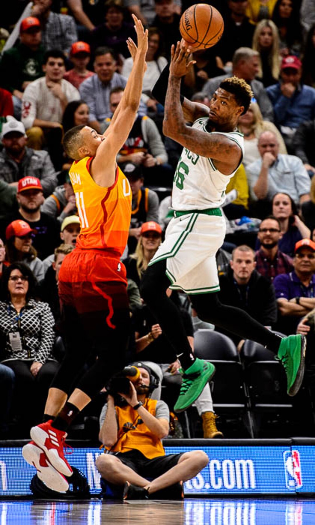 (Trent Nelson | The Salt Lake Tribune)  Boston Celtics guard Marcus Smart (36) defended by Utah Jazz guard Dante Exum (11). Utah Jazz vs. Boston Celtics, NBA basketball in Salt Lake City on Friday Nov. 9, 2018.