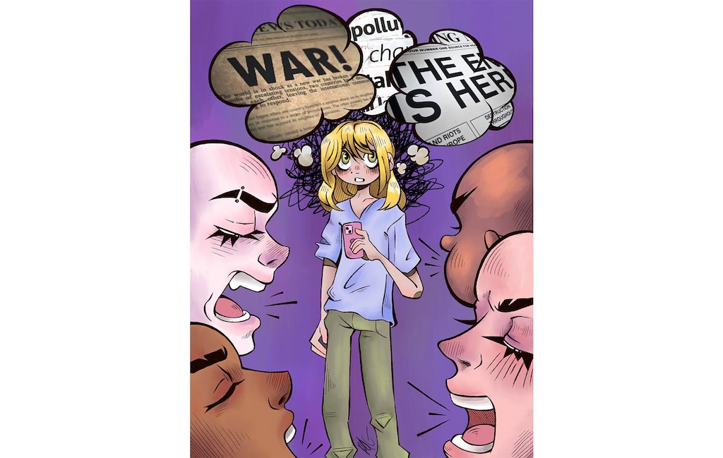 “While knowing what’s going on nationally is important, it’s also impossible to ignore the uncertain, helpless feeling that comes with staying informed,” writes Naomi Parnell in an op-ed. “Sometimes it feels like a pebble settling into the bottom of your stomach, other times it feels like a tornado in your mind.” (Illustration by Red Gunn | The Highland Rambler)