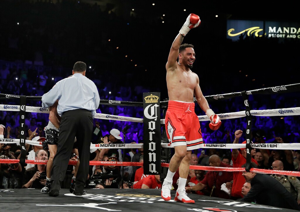 Andre Ward celebrates after defeating Sergey Kovalev during a light heavyweight championship boxing match Saturday, June 17, 2017, in Las Vegas. (AP Photo/John Locher)