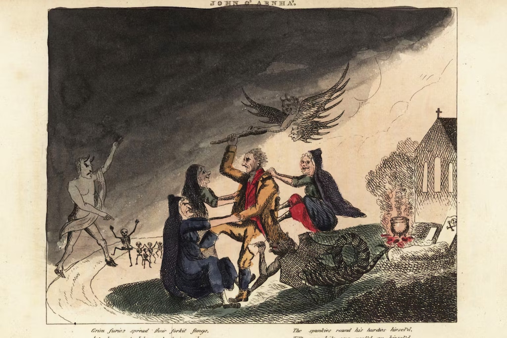 (Florilegius | Universal Images Group via Getty Images) An engraving from 1826 shows a Scottish traveler fighting witches and demons in a church graveyard.