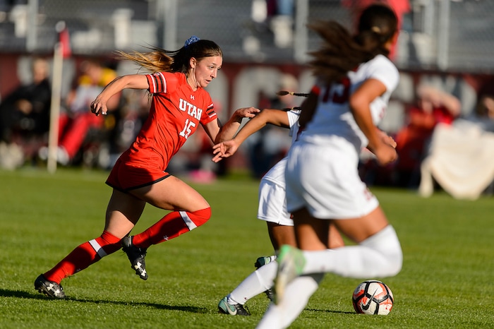(Trent Nelson | The Salt Lake Tribune) Utah's Natalie Vukic (15) as the University of Utah hosts Stanford, NCAA Women's Soccer in Salt Lake City Thursday October 5, 2017.