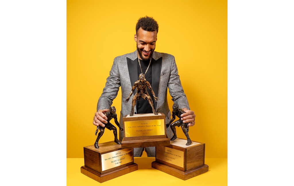(Photo courtesy of Utah Jazz) Rudy Gobert won the 2020-21 NBA Defensive Player of the Year award on Wednesday, June 9, 2021. He has won the award three times in four seasons.