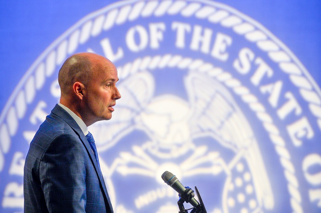 (Chris Samuels | The Salt Lake Tribune) Gov. Spencer Cox holds a monthly news conference in Salt Lake City, Thursday, Feb. 16, 2023.