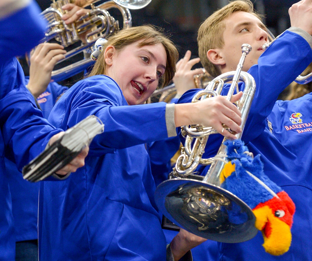Leah Hogsten  |  The Salt Lake Tribune  Jayhawk basketball band player Rachel Gibbs dances during Wednesday's practice time at Vivint Smart Home Arena. The Kansas Jayhawks take the court during the 2019 NCAA Division I Men's Basketball Championship, March 20, 2019 in preparation for their first round game against the Northeastern Huskies on Thursday.