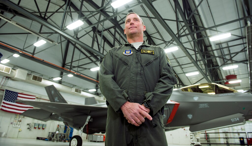 (Leah Hogsten  |  The Salt Lake Tribune) Col. David Smith with Hill Air Force Base's 419th Reserve Fighter Wing talks about the squadron's deployment. Over 300 airmen from the 34th Fighter Squadron from Hill Air Force Base's active duty 388th and reserve 419th Fighter Wing will deploy to Kadena Air Base in Okinawa for a six month rotation, beginning in November along with 12 F-35A Lightning II fighter jets. The F-35A's will be deployed under U.S. Pacific Command's "theater security package" program, designed to demonstrate  U.S. commitment to stability and security in the region.