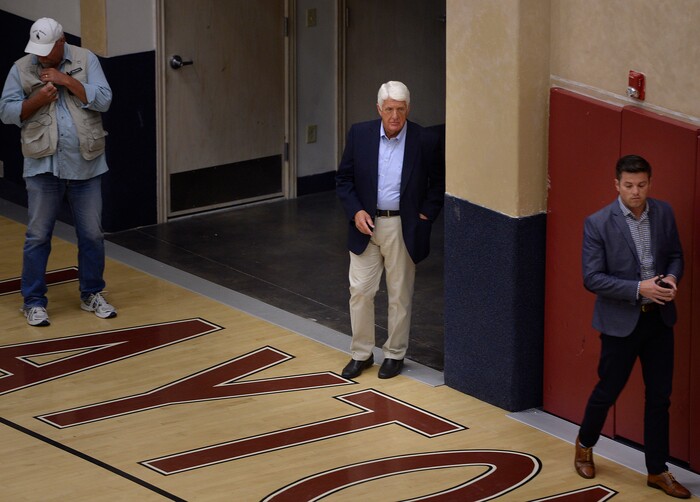(Scott Sommerdorf   |  The Salt Lake Tribune)   
Congressman Rob Bishop scans the audience after entering his town hall meeting held at Layton Christian Academy in Layton, Utah, Friday, August 25, 2017.
