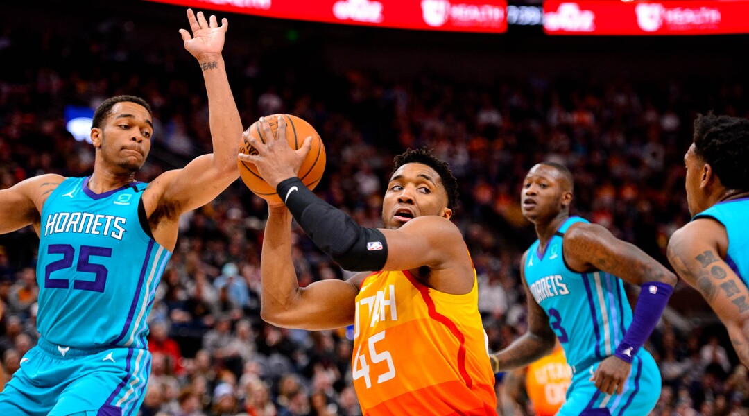 (Trent Nelson  |  The Salt Lake Tribune) Utah Jazz guard Donovan Mitchell (45) looks to pass as the Utah Jazz host the Charlotte Hornets, NBA basketball in Salt Lake City on Friday, Jan. 10, 2020.