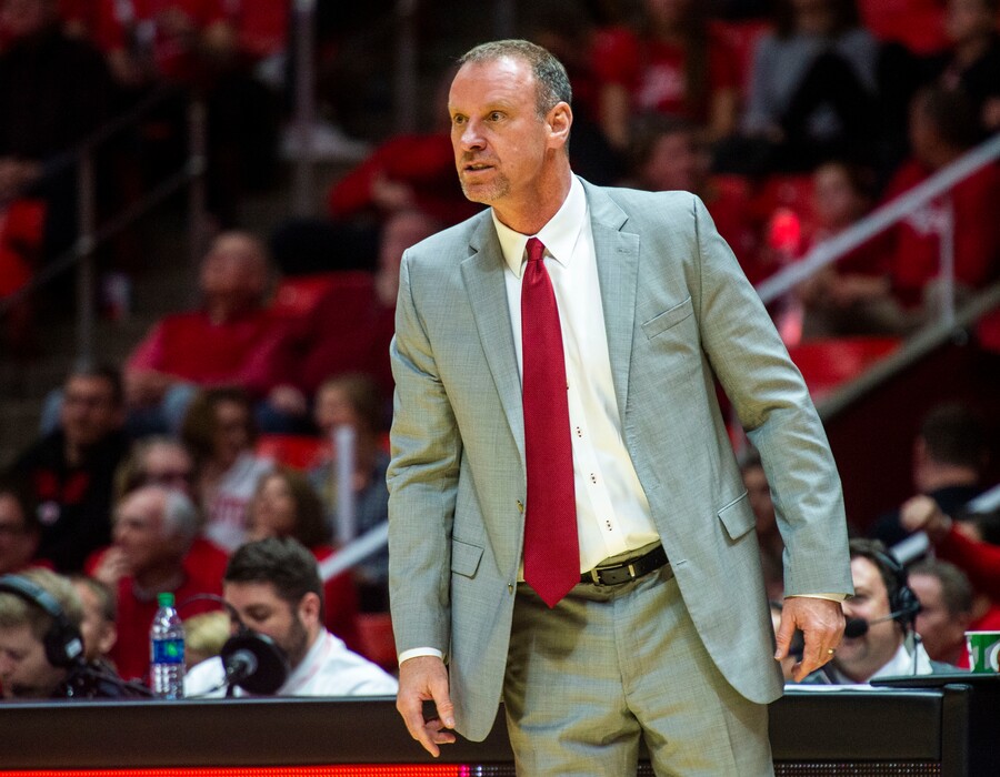 (Rick Egan  |  Tribune file photo) Utah Utes head coach Larry Krystkowiak  shouts instructions to his players, in PAC-12 basketball action between Utah Utes and USC Trojans at the Jon M. Huntsman Center, Thursday, March 7, 2019.