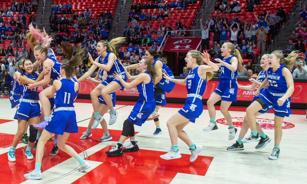 (Rick Egan  |  The Salt Lake Tribune)   The Bingham Miners celebrate their 59-51 win over the Fremont Silverwolves, in the 6A championship game, at the Jon M. Huntsman Center, Saturday Feb. 29, 2020