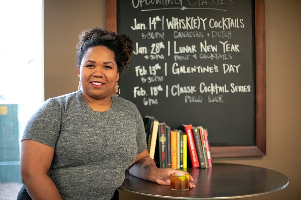 (Rachel Rydalch | The Salt Lake Tribune) Alexi Fisher, Cocktail Collective owner, is photographed, holding one of her mixed drinks, at her business in Salt Lake City on Wednesday, Feb. 9, 2022.