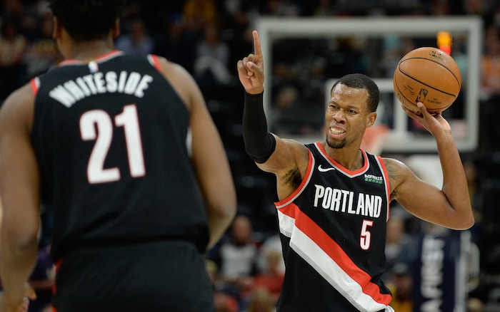(Francisco Kjolseth  |  The Salt Lake Tribune)  Former Jazz player Portland Trail Blazers guard Rodney Hood (5) gestures to his teammates as the Utah Jazz host the Portland Trailblazers in their NBA basketball game at Vivint Smart Home Arena in Salt Lake City on Wed. Oct. 16, 2019.