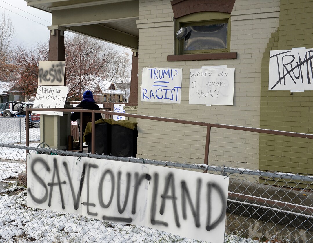 (Al Hartmann  |  The Salt Lake Tribune) 	House near LDS Welfare Square at 800 S. 800 W. prepares for President Trumps motorcade with protest signs Monday Dec. 4.  Trump is to visit Welfare Square with leaders of LDS Church before heading to the Utah Capitol where he is expected to shrink Bear's Ears and Grandstaircase National Monuments. 